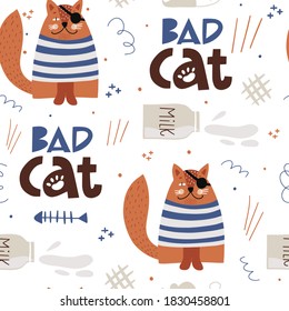 Funny cats seamless pattern with typography. Bad cat. Modern baby pattern. Great for wrapping paper, fabrics, covers and cards. Vector illustration. 