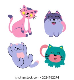 Funny cats set of 4 on a white isolated background. Use for a postcard, background, application on a fabric or souvenir products.