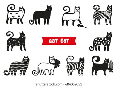 Funny cats set. Black cats silhouette collections. Cartoon style. Vector illustration