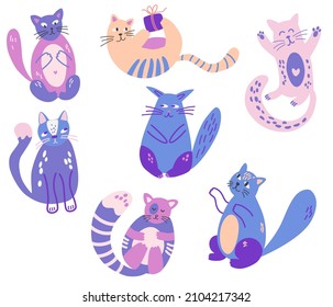 Funny cats set. Cute cartoon cat in various poses. Purebred pets isolated on a white background. Flat vector illustration.