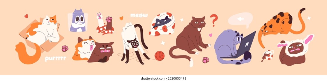 Conjunto de gatos divertidos. Lindos gatitos traviesos jugando con hilo, divertirse, maullar. Comportamiento felino típico. Gatitos divertidos acostados en la caja, sentarse en la computadora portátil. Goofy, mascotas tontas. Ilustraciones vectoriales aisladas planas