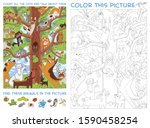 Funny cats sit on a high tree. Count all the cats and talk about them. Find animals in the picture. Puzzle Hidden Items. Coloring book. Funny cartoon character. Vector illustration