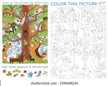 Graciosos gatos sentados en un árbol alto. Cuenta todos los gatos y habla de ellos. Encuentra animales en la foto. Desconcertar elementos ocultos. Libro de colorear. Gracioso personaje de caricatura. Ilustración del vector