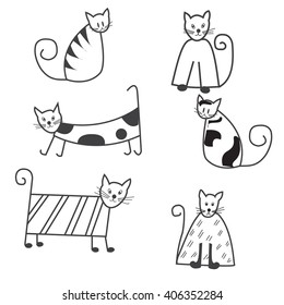 Funny cats sketch, a set of cute black and white cats for design of stickers, paper, envelopes, postcards, cards and leaflets