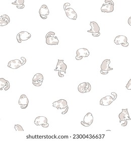 Funny cats in sketch style with one line spots. Vector seamless pattern. Hand-drawn cartoon animal characters in different poses. The limited pastel palette is perfect for print, fabric, packaging