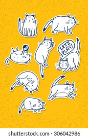 Funny Cats Sketch Vector Set. Creative Domestic Pet Concept On Rusty Distressed Background