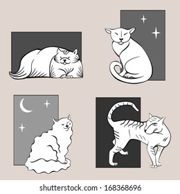 Funny cats sketches set one. Mini illustration with cats, line art. Easy to recolor and use for Halloween card, banners, bookmarks etc. Vector file is layered and grouped.