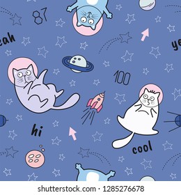 Funny cats in space seamless pattern. The pattern can be repeated without any visible seams