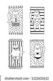 Funny cats sunbathing on the beach, swimming pool. Cute couples on vacations. Set of abstract isolated design elements. Hand drawn vector black and white illustrations. Cartoon, doodle.