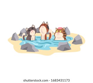 Funny Cats Taking Japanese Hot Spring Bath Outdoor, Cute Pet Animals Enjoying Spa Procedure Vector illustration