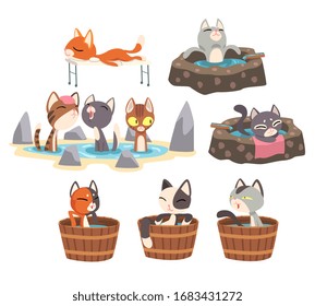 Graciosos gatos tomando un baño Onsen, adorables animales mascotas disfrutando de la ilustración japonesa del vector de baño de Hot Spring