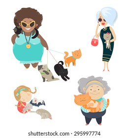 Funny cats with their owners. Vector flat illustration