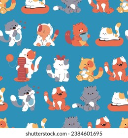 Funny cats vector vector cartoon seamless pattern background for wallpaper, wrapping, packing, and backdrop.