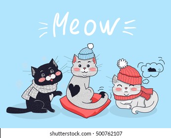 Funny cats vector concept. Flat Design. Three cute black and grey cats in scarfs and warm hats sitting, lying and dreaming about mouse on blue background with meow text. Winter clothes for pets  