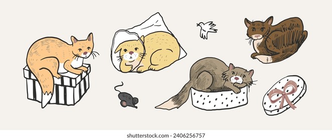 Funny cats vector illustrations set.