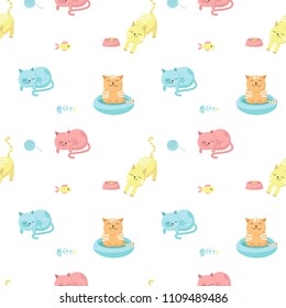 Funny cats vector seamless pattern. Creative design for fabric, textile, wallpaper, wrapping paper with happy cats eating, sleeping, taking bath.