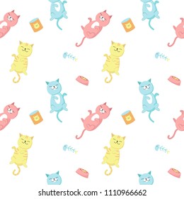 Funny cats vector seamless pattern. Creative design with happy playful cats for fabric, textile, wallpaper, wrapping paper.