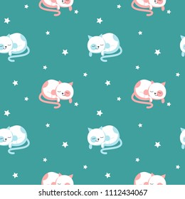 Funny cats vector seamless pattern. Creative design for fabric, textile, wallpaper, wrapping paper with cute sleeping cats.