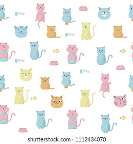 Funny cats vector seamless pattern. Creative design with licking, eating cats for fabric, textile, wallpaper, wrapping paper.