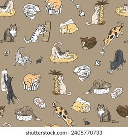 Funny cats vector seamless pattern.