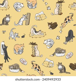 Funny cats vector seamless pattern.