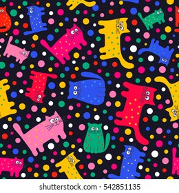 Funny cats. Vector seamless pattern with cute cats and dots. Bright colors - red, pink, yellow, green, blue, white. Childish background. On black backdrop.