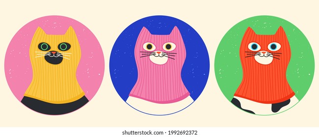 Funny cats wearing colourful balaclava ski mask. Hipster kitten dressed as a robber with a colorful thief mask. Isolated print for T-shirt, poster, mug, and for cricut.