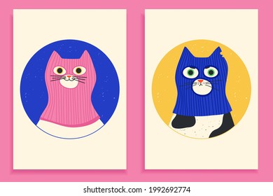 Funny cats wearing colourful balaclava ski mask. Hipster kitten dressed as a robber with a colorful thief mask. Isolated print for T-shirt, poster, mug, and for cricut.