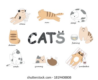 Funny cats of white, gray and orange colors. Animals have different emotions, actions. Bundle of adorable cats sleep, fish, sunbathe, hunt, eat yummy, listen to music, wash, run, relax.