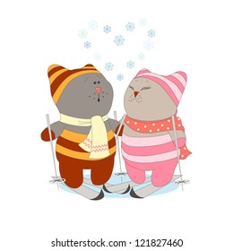 Funny cats in winter Love. Vector illustration. Isolated object. Valentine's Day. Colors are easily editable.