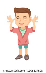 Funny caucasian boy making a grimace and playing with his hands. Happy little boy teasing with hands. Vector sketch cartoon illustration isolated on white background.