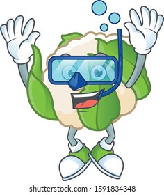 Funny cauliflower mascot design with Diving glasses