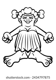 Funny Cave woman cartoon characters wearing outfit made from mammoth skin standing, best for outline, logo, and coloring book with prehistory themes