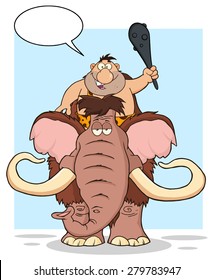 Funny Caveman Over Mammoth.  Vector Illustration With Background
