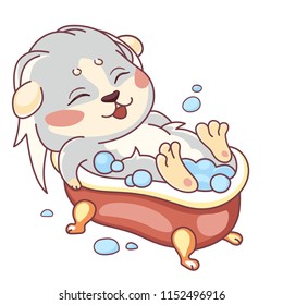 Funny cavy is bathed in a bath with foam - emoticon relaxation, holiday emoji. Cartoon guinea pig, color drawing, Bathing emoticon, isolated on transparent background 