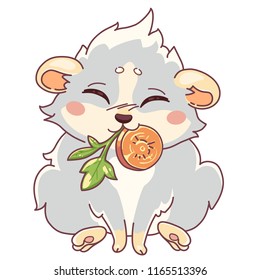 Funny cavy is eating carrots and greens. Cartoon guinea pig, color drawing, emoticon Eating, isolated on transparent background 