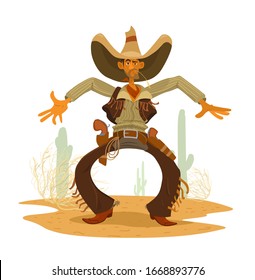 Hübscher, mit einem großen Hut tragender Cawboy, Bandana, Lederhose mit Randteil und Weste, große Revolver im Heller. Prärie-Landschaft mit Kakteen und rollendem Stein. Zeichentrickfigur der Vektorillustration.