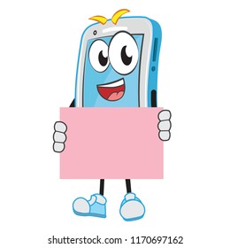 Funny cell phone character presenting a blank empty placard paper sign board template