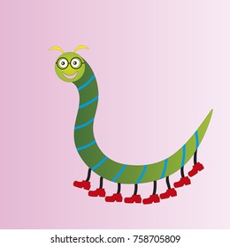 Funny centipede in glasses of green color isolated gradient background.