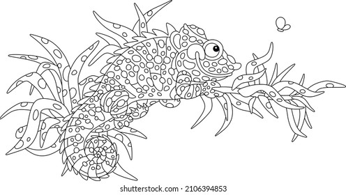Gracioso camaleón, lagarto exótico con ojos sobresalientes y cola hendida, escondido entre las hojas de una rama de árbol tropical en una jungla silvestre, ilustración vectorial de contorno negro y blanco