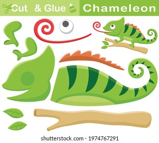 Funny chameleon on tree branches. Education paper game for children. Cutout and gluing. Vector cartoon illustration