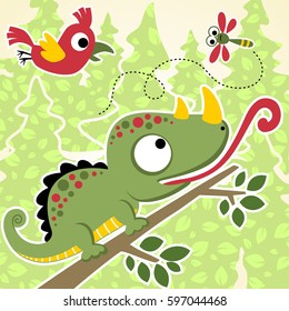 Funny chameleon on tree branches with dragonfly and bird on pine trees background, vector cartoon illustration