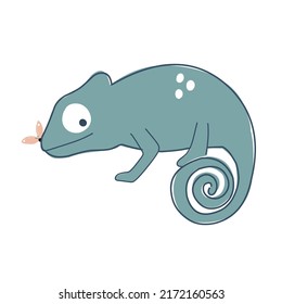 Funny chameleon with pink a butterfly on her nose, vector illustration cartoon for sticker, print, poster