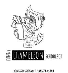 Funny chameleon schoolboy. Vector illustration. Cute character. Line art. Black and white colors.