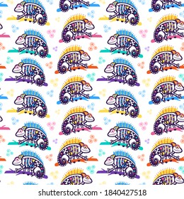 Funny chameleons skeletons seamless pattern with bright details - hearts, flowers, leaves. Colorful animal with long tail on stick. Hand drawn print on white.