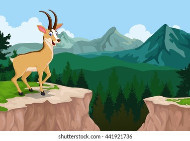 Funny Chamois Cartoon With Mountain Cliff Landscape Background