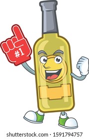 Funny champagne yellow bottle mascot cartoon style with Foam finger