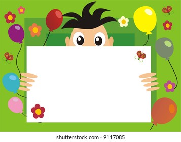 Funny  chap carrying place for your message on green background with balloons