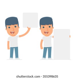 Funny Character Activist holds and interacts with blank forms or objects. for use in presentations, etc.