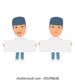 Funny Character Activist holds and interacts with blank forms or objects. for use in presentations, etc.
